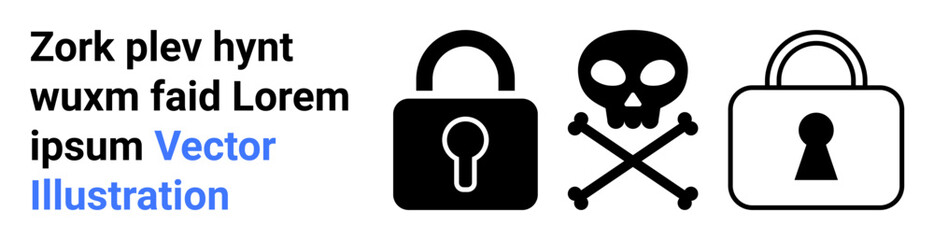Three icons a keyhole lock, a skull and crossbones, and a padlock. Ideal for cybersecurity, online safety, digital lock, data protection, privacy information security warning. Landing page