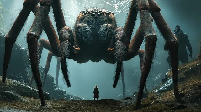 In a mysterious dark forest, a giant spider emerges from the shadows, displaying its enormous size. A lone figure stands before it, creating a tense confrontation in this unsettling moment.