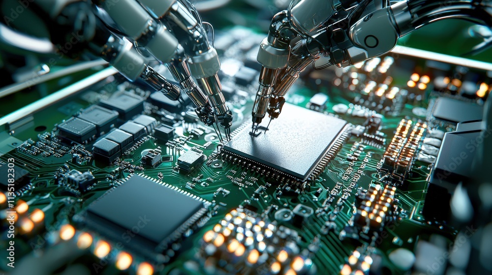 Poster close-up of a robotic arm assembling microchips, futuristic factory setting, soft focus on the backg
