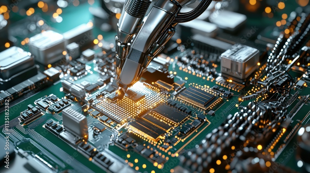 Poster close-up of a robotic arm assembling microchips, futuristic factory setting, soft focus on the backg