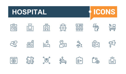 Hospital icons set in line style. Includes thin line hospital, diagnosis, glyph, card, science. Perfect for logos and infographics. Editable stroke. Vector illustration.