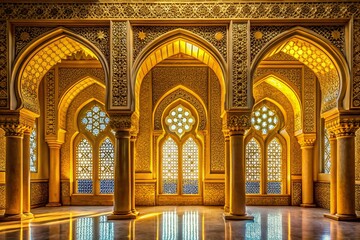 Stunning Set of Golden Arabic Windows in Ornate Oriental Style Featuring Exquisite Islamic Arches and Intricate Designs Perfect for Architectural Inspiration and Cultural Artistry