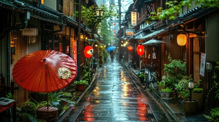 Naklejka premium A serene, rain-soaked alleyway adorned with lanterns and umbrellas, evoking tranquility.