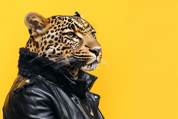 Leopard in Leather Jacket Against Yellow Background. AI generated illustration