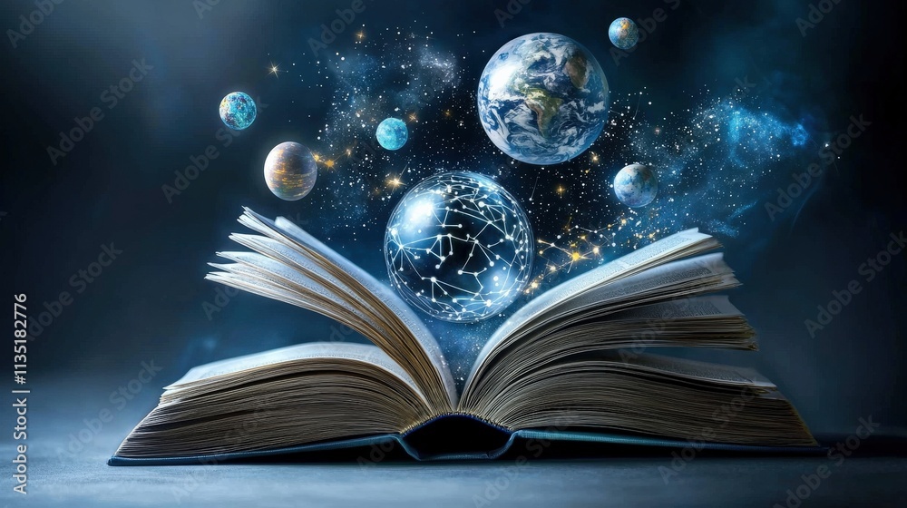 Poster An open book with holographic planets and stars floating above it, representing universal knowledge, futuristic background