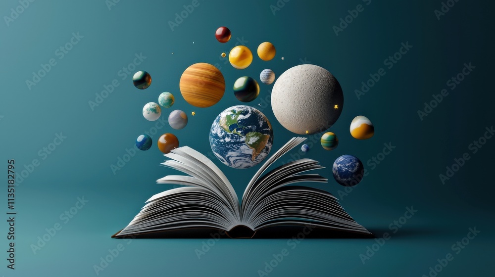 Poster An open book with holographic planets and stars floating above it, representing universal knowledge, futuristic background
