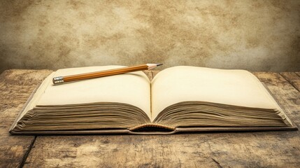 Antique open book with pencil on aged wooden table.