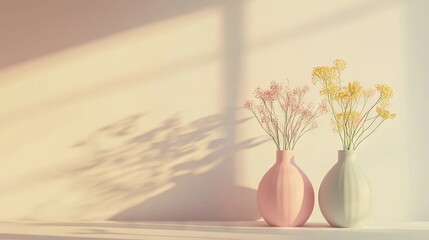 Two pastel vases with flowers on a minimalist table, casting soft shadows, set against a pastel background. AI generated illustration