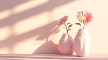Two pastel vases with flowers on a minimalist table, casting soft shadows, set against a pastel background. AI generated illustration