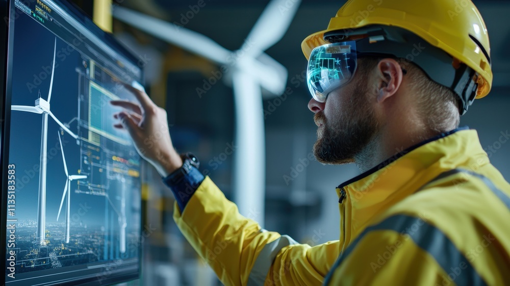 Aufkleber An engineer using an augmented reality interface to analyze wind turbines in a control room