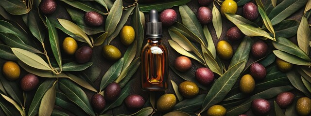 Olive essential oil in a bottle. Selective focus.