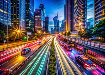 Fototapeta premium Stunning Silhouette Photography of Nighttime City Traffic with Lively Lights and Dynamic Movement Showcasing Urban Life and Energy in a Modern Metropolis
