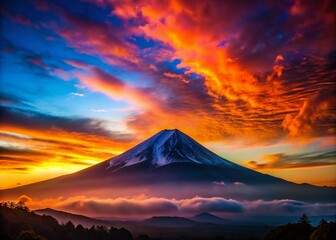 Fototapeta premium Stunning Silhouette Photography of the Majestic Crater Inside Mount Fuji, Japan's Iconic Volcano at Sunrise with Dramatic Sky and Serene Landscape Elements