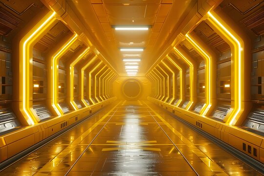 Futuristic Corridor with Glowing Yellow Lights and Sleek Design