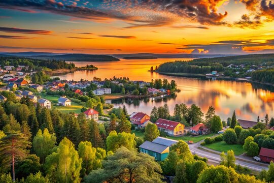 Stunning Summer Sunset Over Sortavala: A Candid View from the Hilltop to the Lake Shore and Urban Landscape of Northern City in Karelia, Perfect for Scenic Photography Lovers