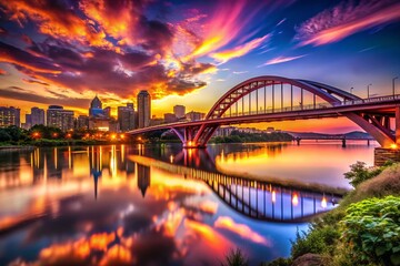 Obraz premium Stunning Sunset Over a Bridge Framed by a Vibrant City Skyline, Showcasing Warm Hues Reflecting on Water for Dynamic Urban Landscape Photography