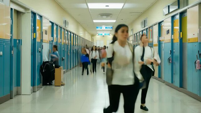 Timelapse of a bustling school corridor capturing students' daily activities throughout the day