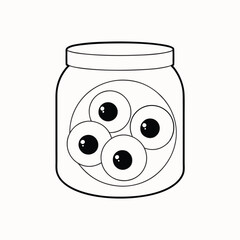 eyeballs in a large glass jar covered with paper outlined for coloring page on white background