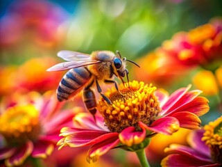 Stunning Tilt-Shift Photography of a Bee Pollinating a Vibrant Flower in a Colorful Garden Setting, Showcasing Nature's Beauty and Intricate Details in Macro View