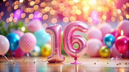 Stunning Tilt-Shift Photography of a Pink Balloon Shaped Like the Number 16 with a Dreamy Background, Perfect for Celebrations, Anniversaries, and Special Occasions.