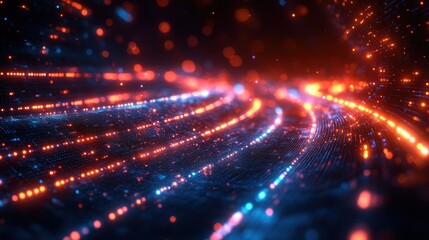 Abstract Digital Wave Background Glowing Red and Blue Particles in Motion, Futuristic Technology Concept