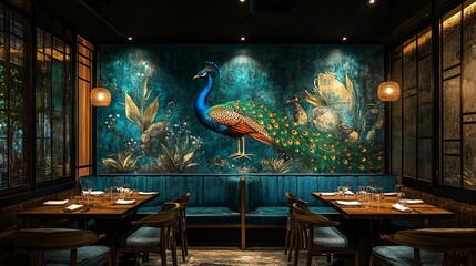 Elegant dining area with peacock mural. (1)