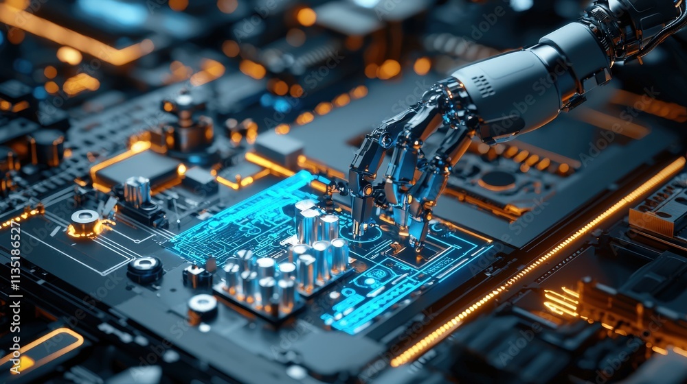 Poster a robotic arm assembling precision parts on an advanced production line in blue neon lighting