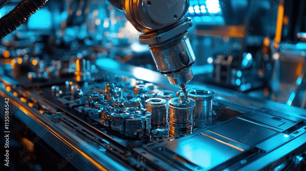 Poster a robotic arm assembling precision parts on an advanced production line in blue neon lighting