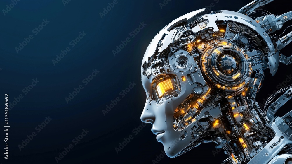 Poster a robot head with intricate circuits glowing softly, surrounded by futuristic holograms, dark blue b