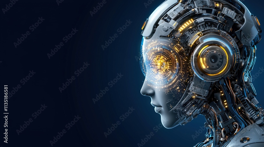 Poster a robot head with intricate circuits glowing softly, surrounded by futuristic holograms, dark blue b