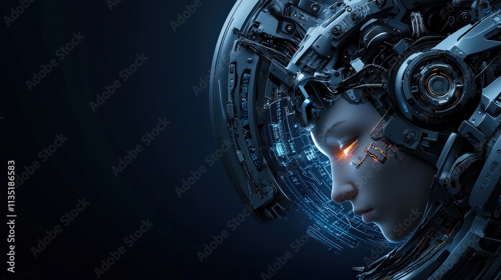 Poster a robot head with intricate circuits glowing softly, surrounded by futuristic holograms, dark blue b