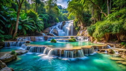 Stunning Urban Exploration of Kuang Si Falls with Turquoise Blue Pools in Luang Prabang, Showcasing Nature's Beauty and Tranquility in a Serene Landscape Setting