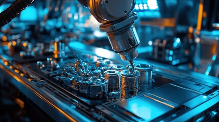 Fototapeta premium A robotic arm assembling precision parts on an advanced production line in blue neon lighting