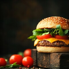 A delicious cheeseburger with fresh toppings on a rustic wooden surface.