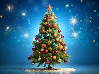 Beautifully decorated Christmas tree on blue background.