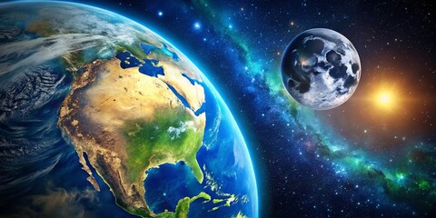 Obraz premium Stunning View of Earth from Space with the Moon Illuminating the Scene, Perfect for Educational and Inspirational Purposes in a Cosmic Themed Design