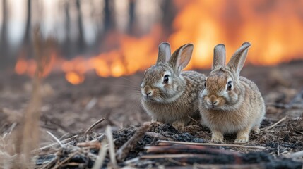 Scared creature in the woods during fire - animal survival, burning trees, wildfire hazard, environmental security, species defense, forest peril, fauna care, fire emergency, ecosystem safety.
