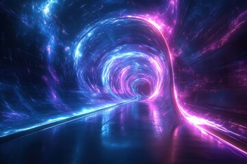 Futuristic sci-fi background, dark empty space, blue and purple neon light