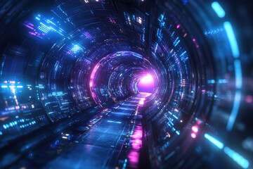 Obraz premium Futuristic sci-fi background, dark empty space, blue and purple neon light