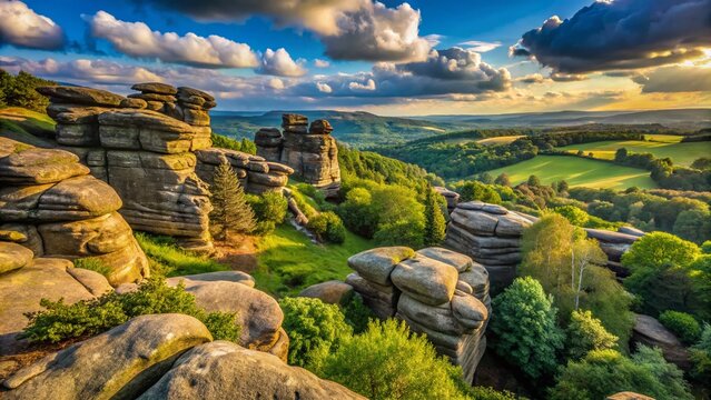 Stunning Viewpoint at Brimham Rocks, Yorkshire Showcasing Unique Geological Formations and Lush Green Surroundings Under a Clear Blue Sky