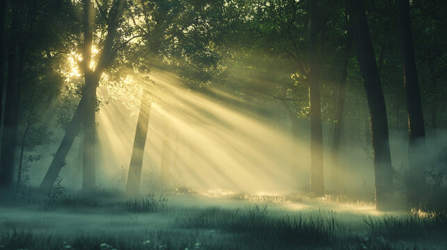 A serene landscape of a misty forest at dawn, with rays of sunlight filtering through the trees and soft fog covering the ground. 