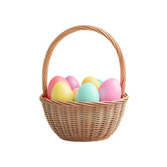 A woven basket filled with colorful Easter eggs in pastel shades isolated on white background