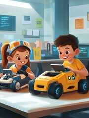 Diverse school children students build robotic cars using computers and coding. Happy multiethnic kids learning programming robot vehicles sitting at table at STEM education science engineering class