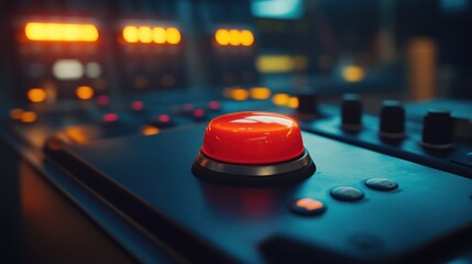 Close-up of a bright red emergency stop button on a control panel with various controls and dials.