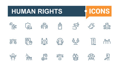 Human Rights line icon collections. Featuring protest, work, man, discrimination, government, democracy, war, unity. Simple line vector. Editable vector stroke.