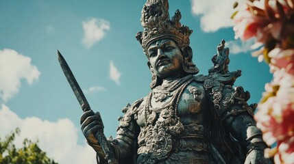 Majestic Bronze Statue Holds Weapon Under Sunny Sky
