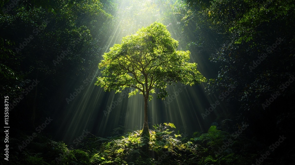 Poster a lone tree in the middle of a lush forest with sunlight breaking through the canopy, mystical and i