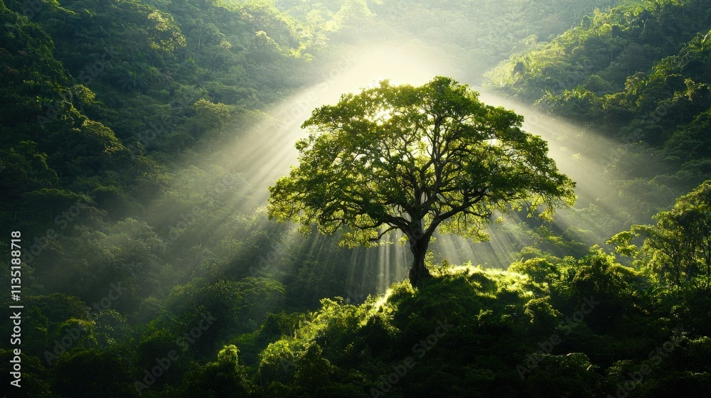 Poster a lone tree in the middle of a lush forest with sunlight breaking through the canopy, mystical and i