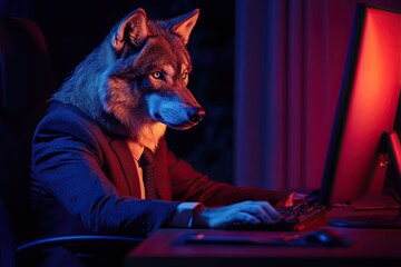 wolf. in a business suit. at his desk in the office he looks at the computer. on an isolated multi-colored dark background.