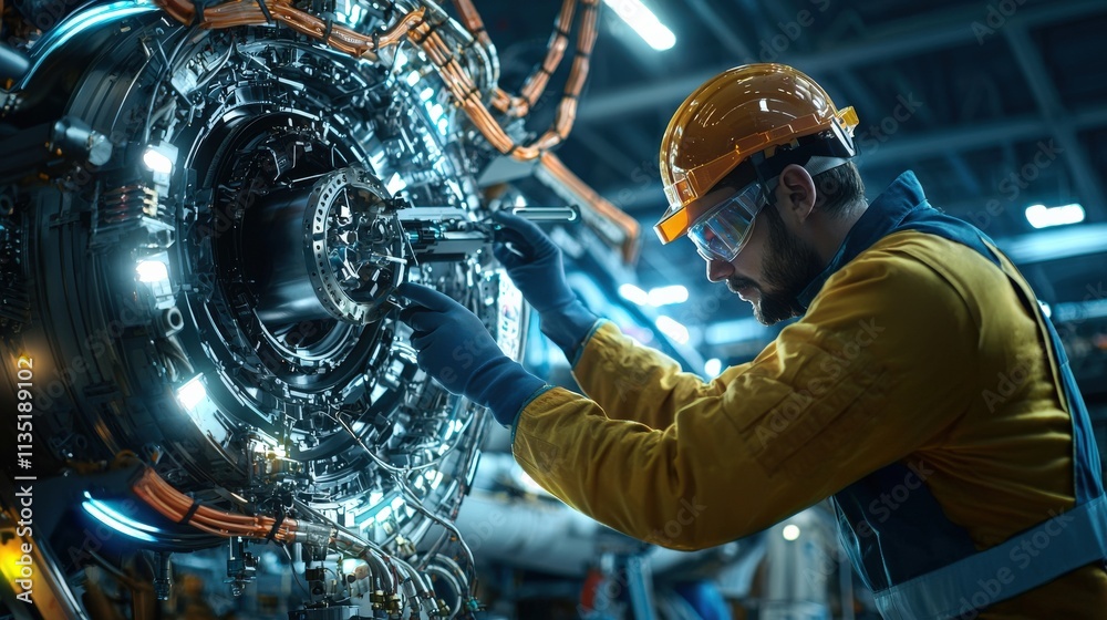 Poster a futuristic worker repairing a spaceship engine in a high-tech hangar with vibrant neon colors